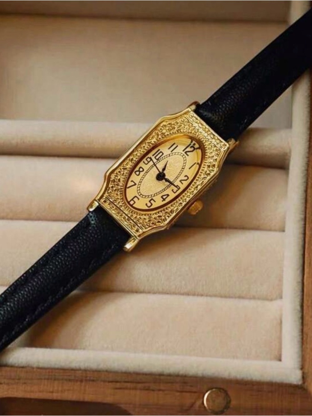 Vintage-Inspired Gold Tone Ladies Watch with Black Leather Strap